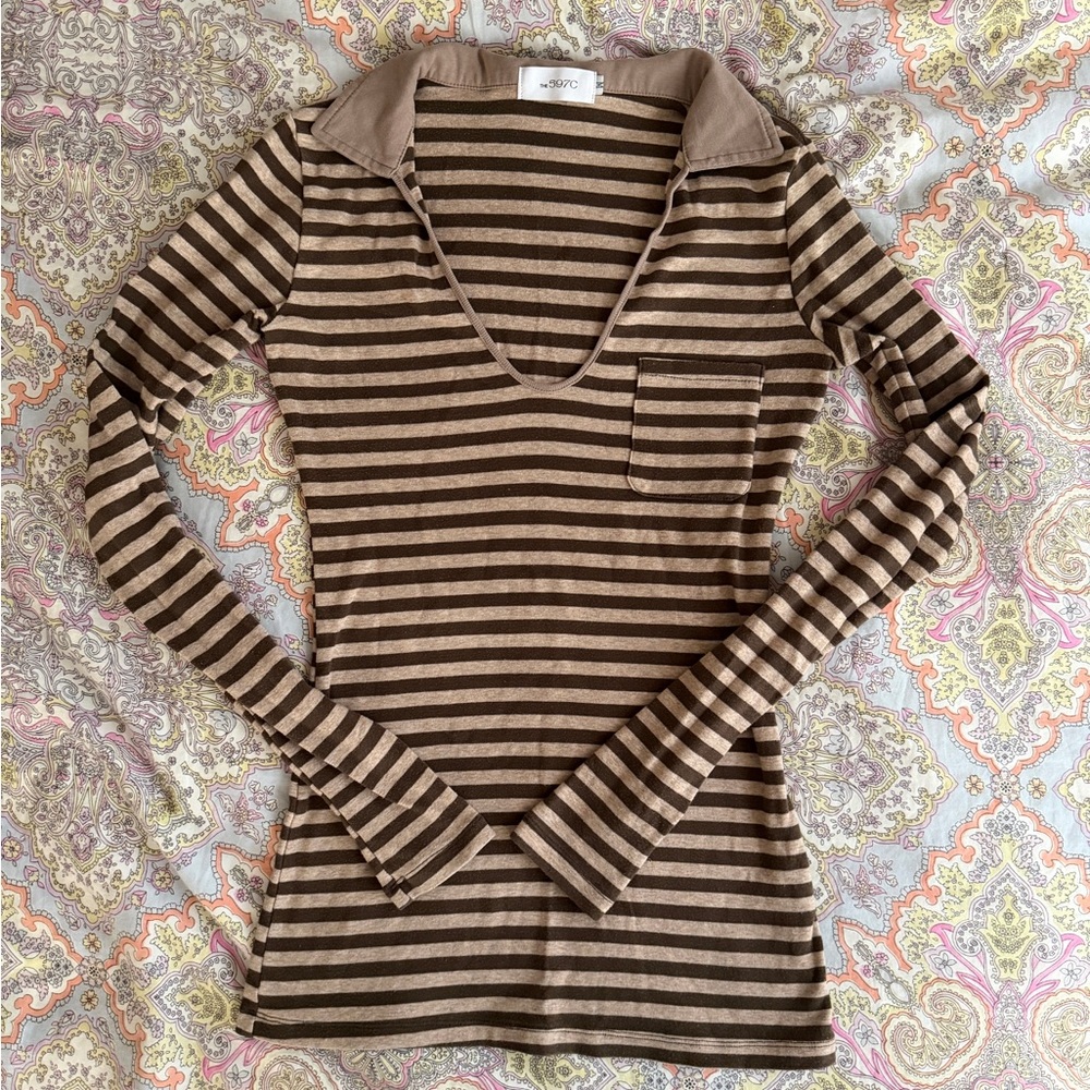 The 597c Brown Striped Collared Top M